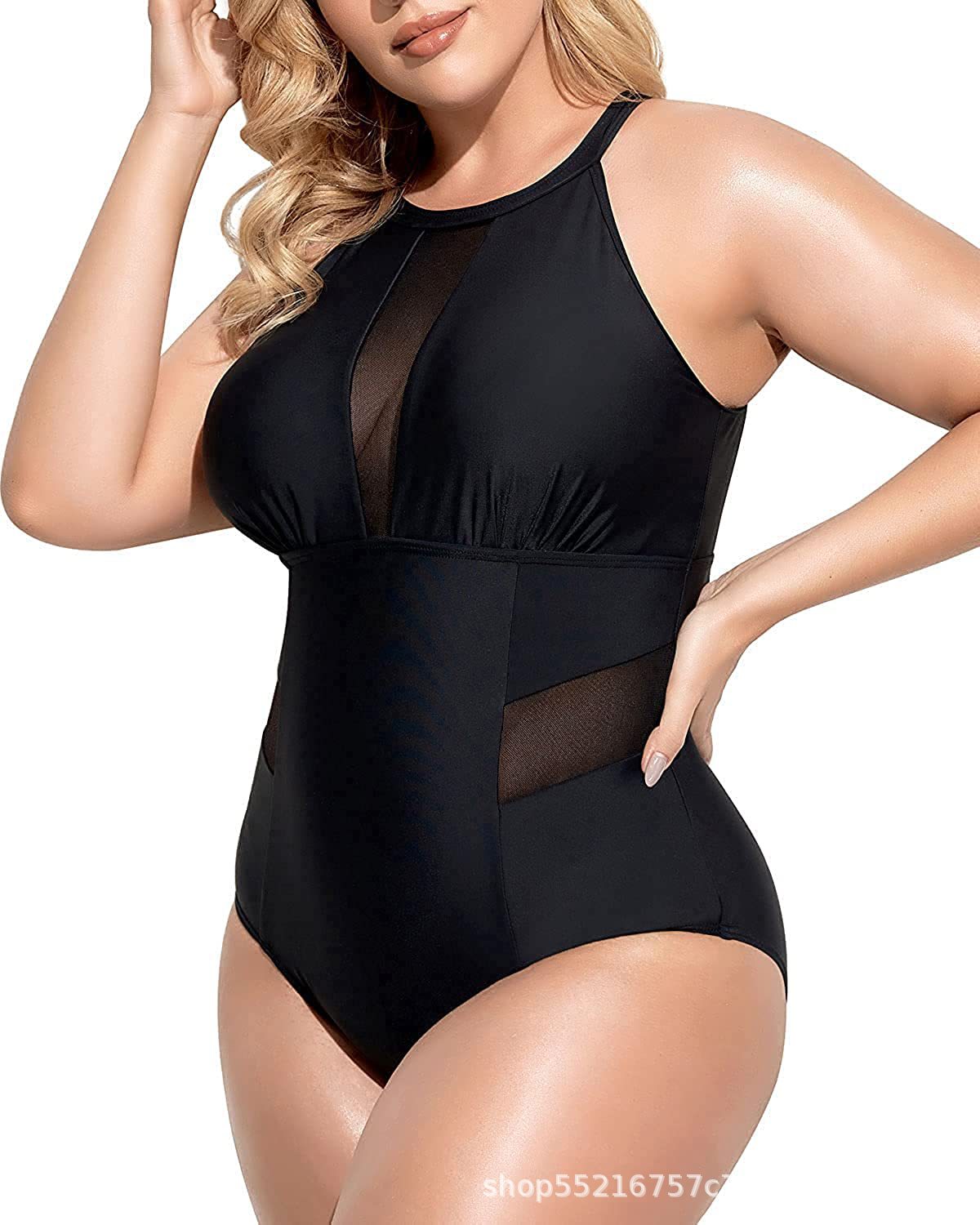 Women Plus Size One Piece Swimsuit High Neck Plunge Mesh Cut Out Bathing Suits